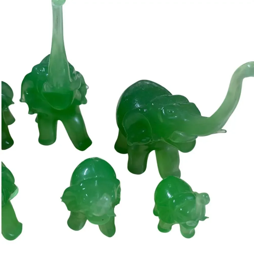 Vintage Set of 8 Green Glass Handmade Elephant Figurines Good Used Condition